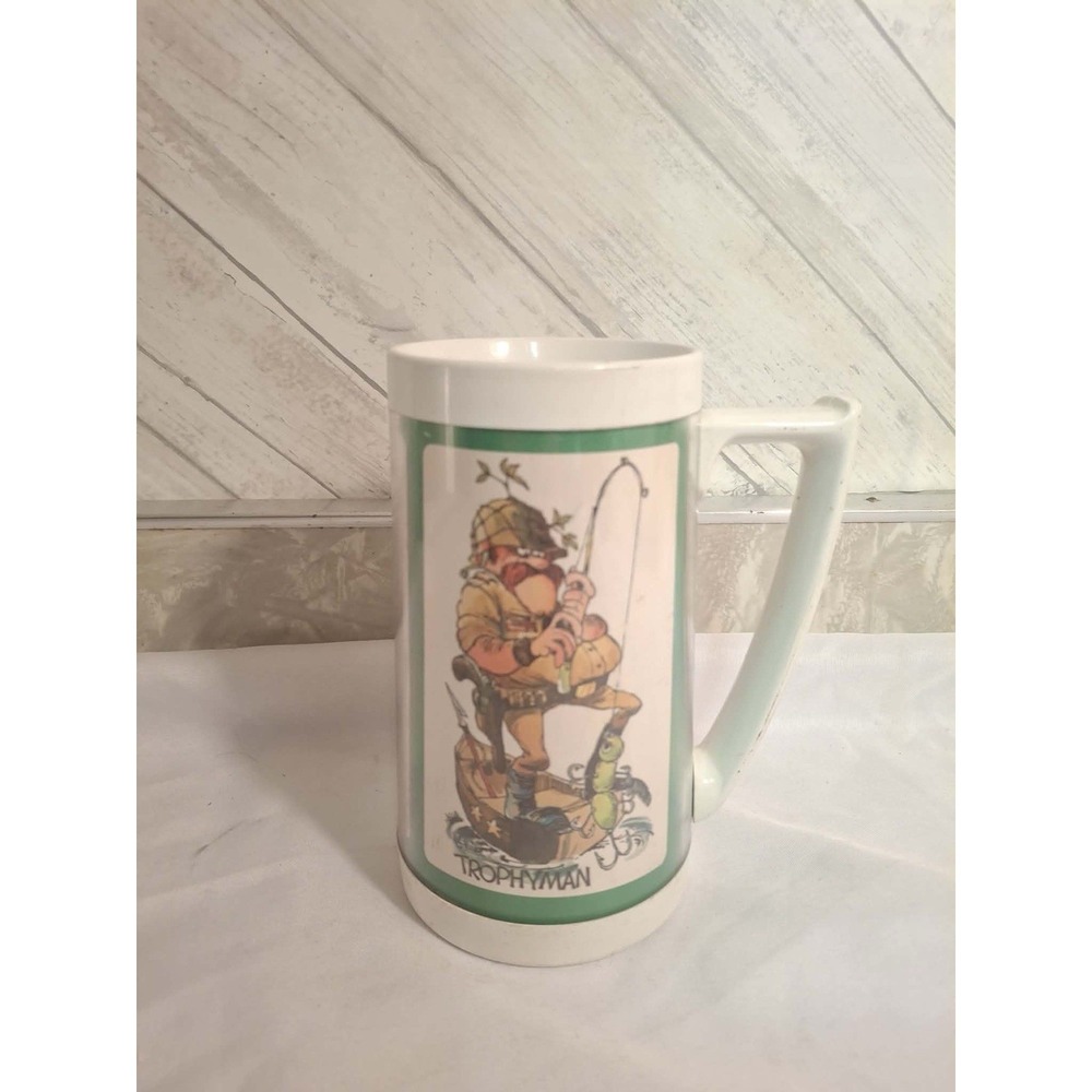 Vtg Fishing Cup Insulated Mug Humorous Thermo Serv Bass Trout Trophy Fisherman